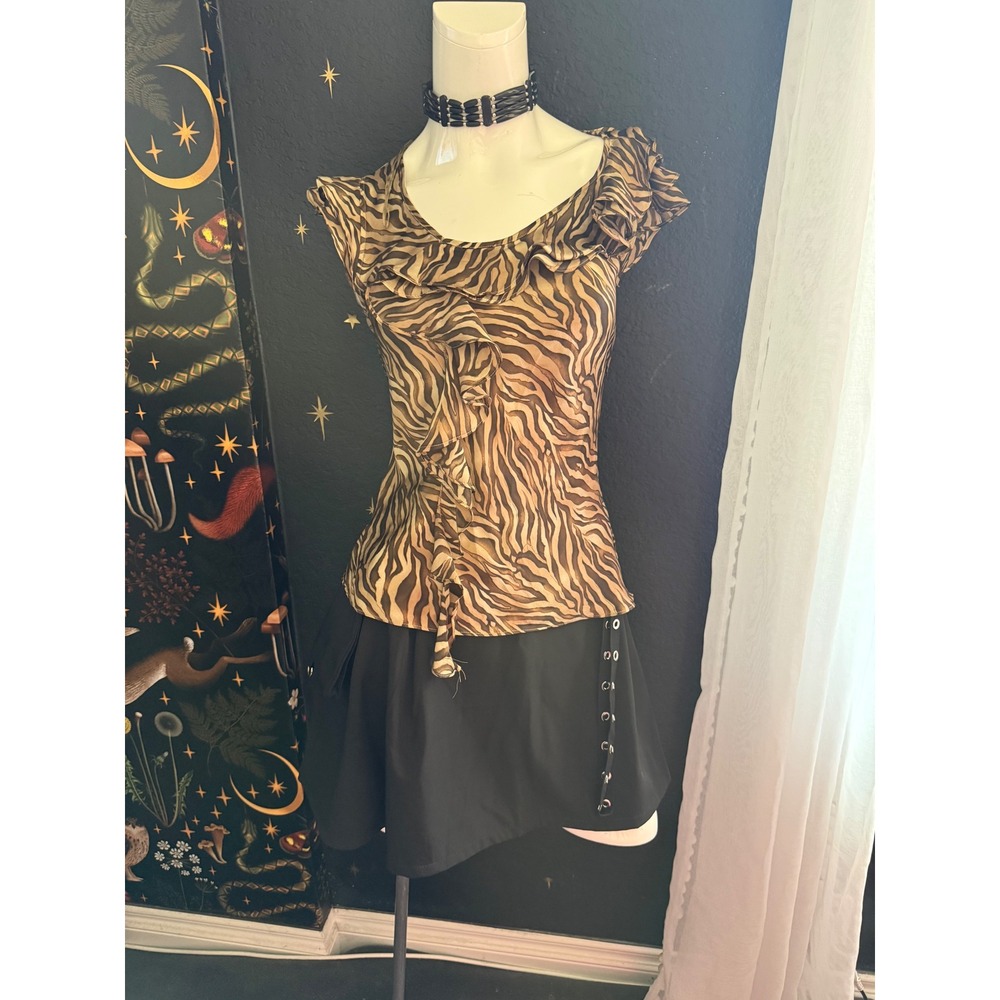 Sunny Leigh Brown Animal Print Ruffle Front Sleeveless Blouse Top Small Y2K